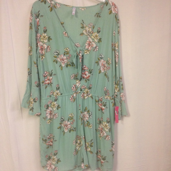 Women's Floral Print Tie-front Long Sleeve Romper - Picture 2 of 4